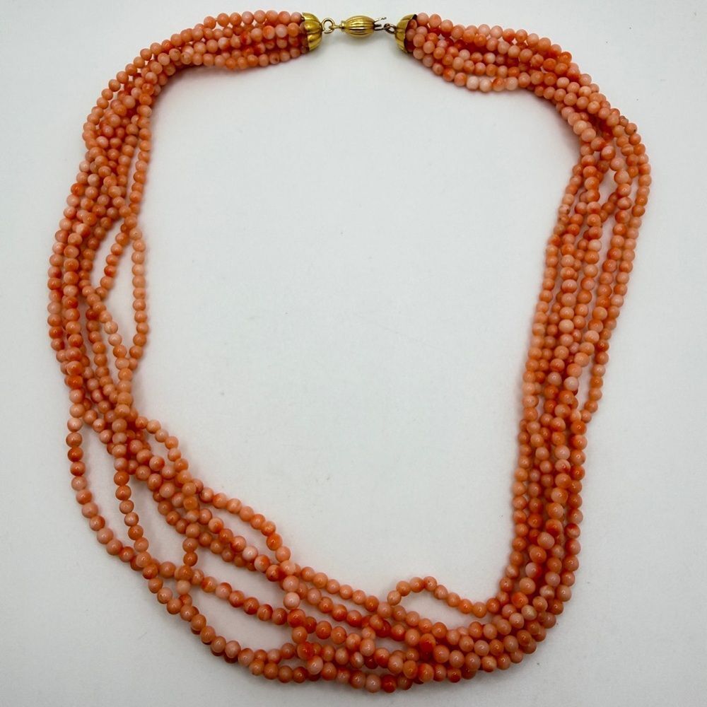 17" and 6 strands‎ of 3mm Angel Skin Coral w/ 18kt yellow gold clasp, necklace!